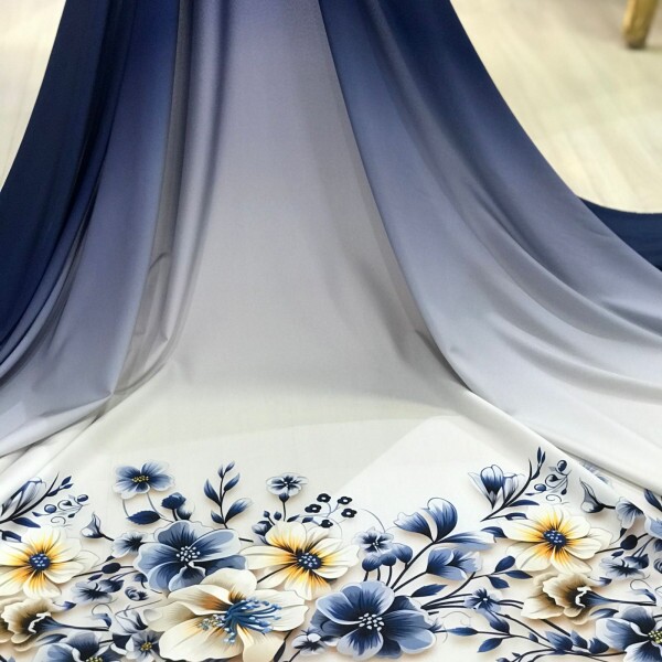 Viscoseda Barrado Floral Degradê Azul