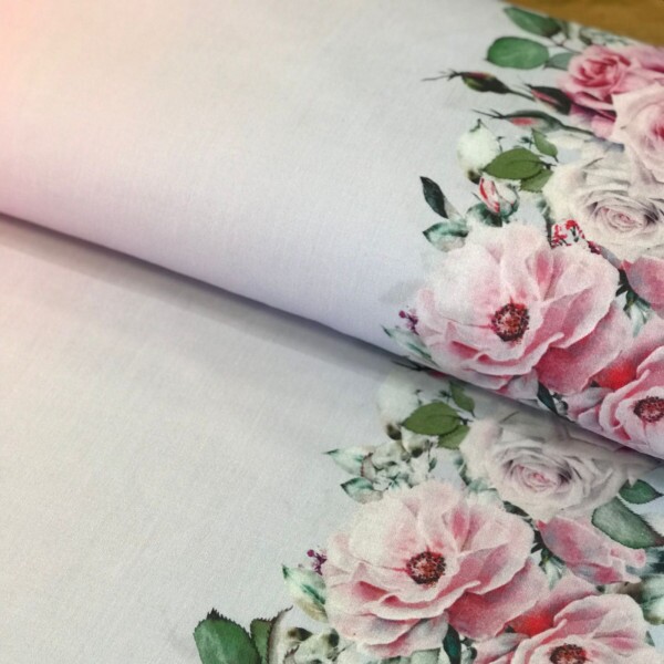 Tricoline Estampada Barrado Floral Azul e Rosa Degradê