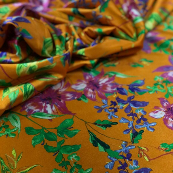 Cetim Belíve Fundo Laranja Flores Colors