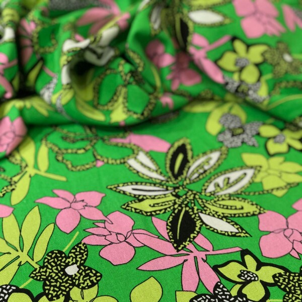Linho Misto Flor Geométrica Fundo Verde Lima 