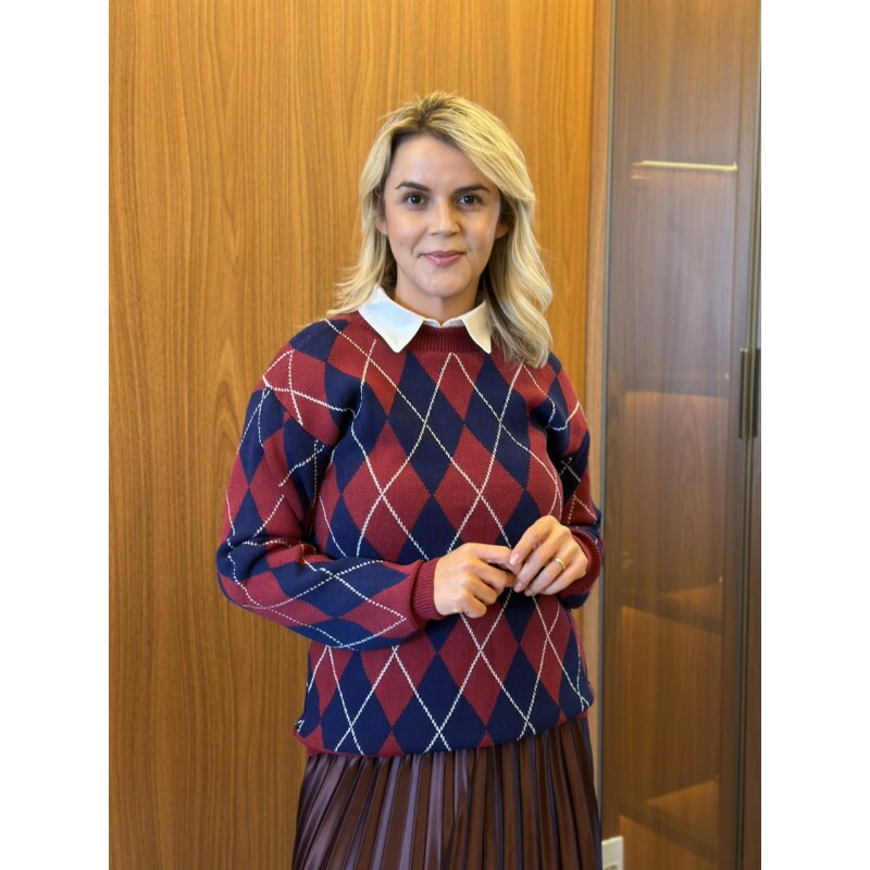 Blusa Tricot Argyle Marsala c/ Marinho Blusa Tricot Argyle Marsala c/ Marinho