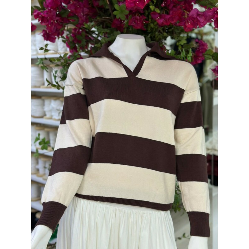 Blusa Tricot c/ Gola Marrom c/ Bege Blusa Tricot c/ Gola Marrom c/ Bege