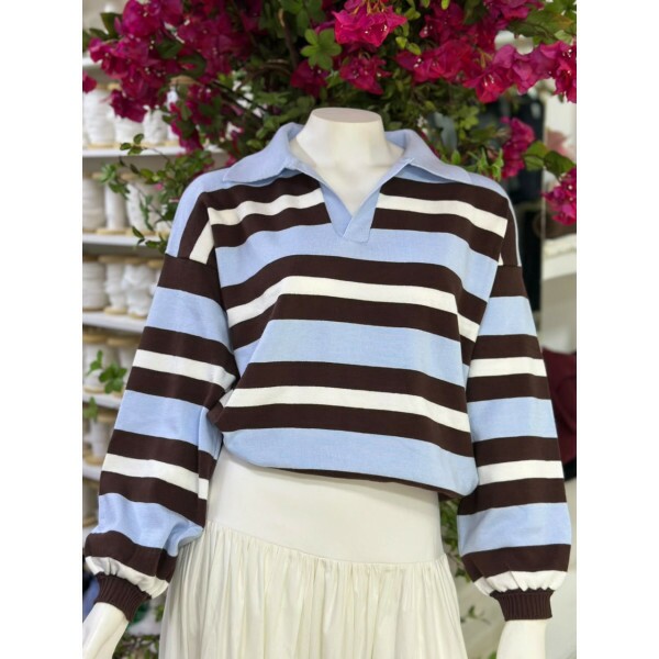 Blusa Tricot Modal Turim Azul c/ Marrom Blusa Tricot Modal Turim Azul c/ Marrom
