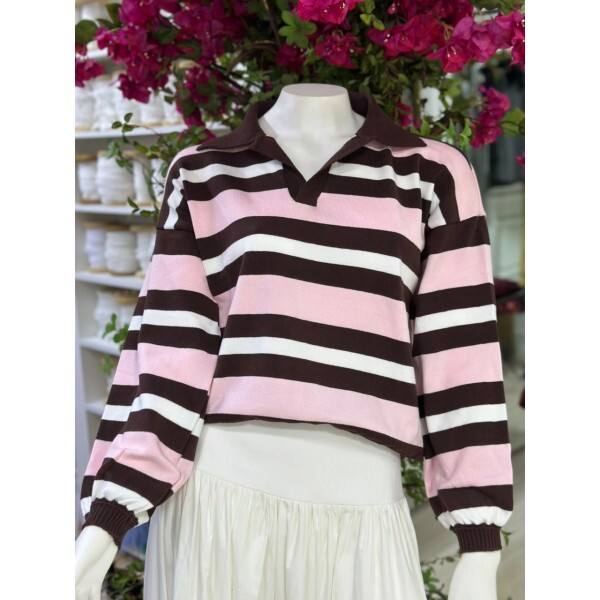 Blusa Tricot Modal Turim Rosa c/ Marrom Blusa Tricot Modal Turim Rosa c/ Marrom