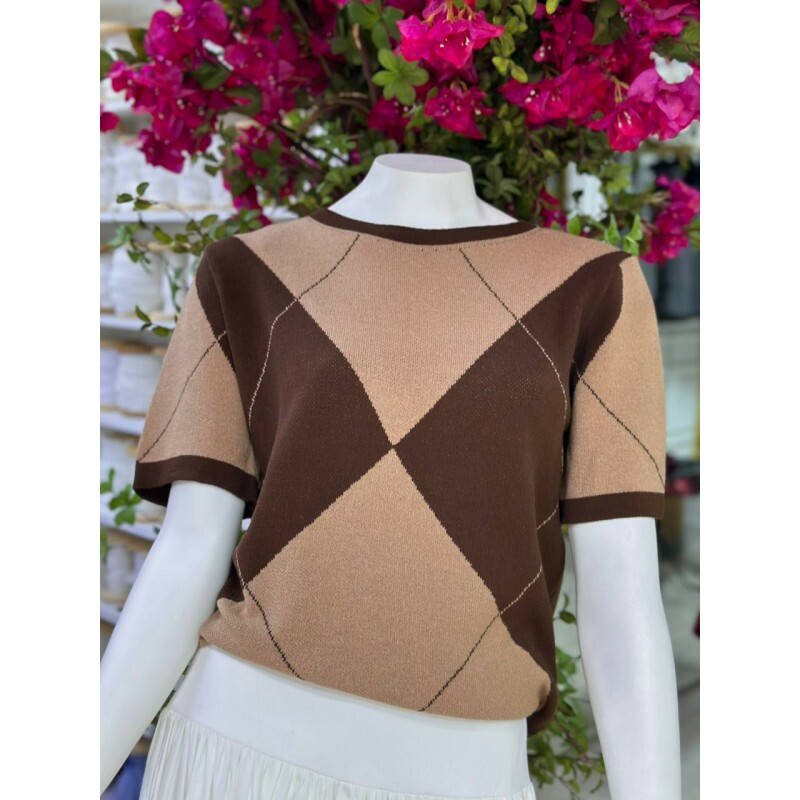 Blusa Tricot Argyle Manga Curta Blusa Tricot Argyle Manga Curta