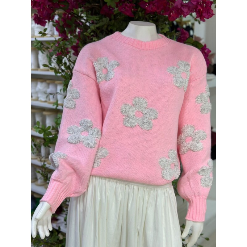 Blusa Tricot Flores Relevo 3D Blusa Tricot Flores Relevo 3D