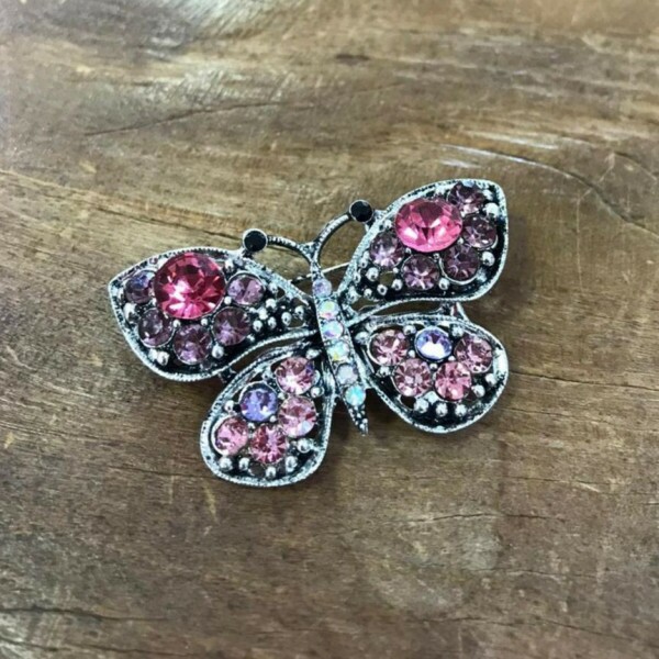 Broche de Borboleta com Pedraria Rosa