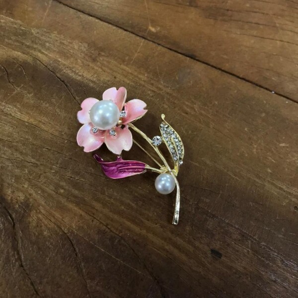 Broche Flor Rosa com Pedraria e Strass