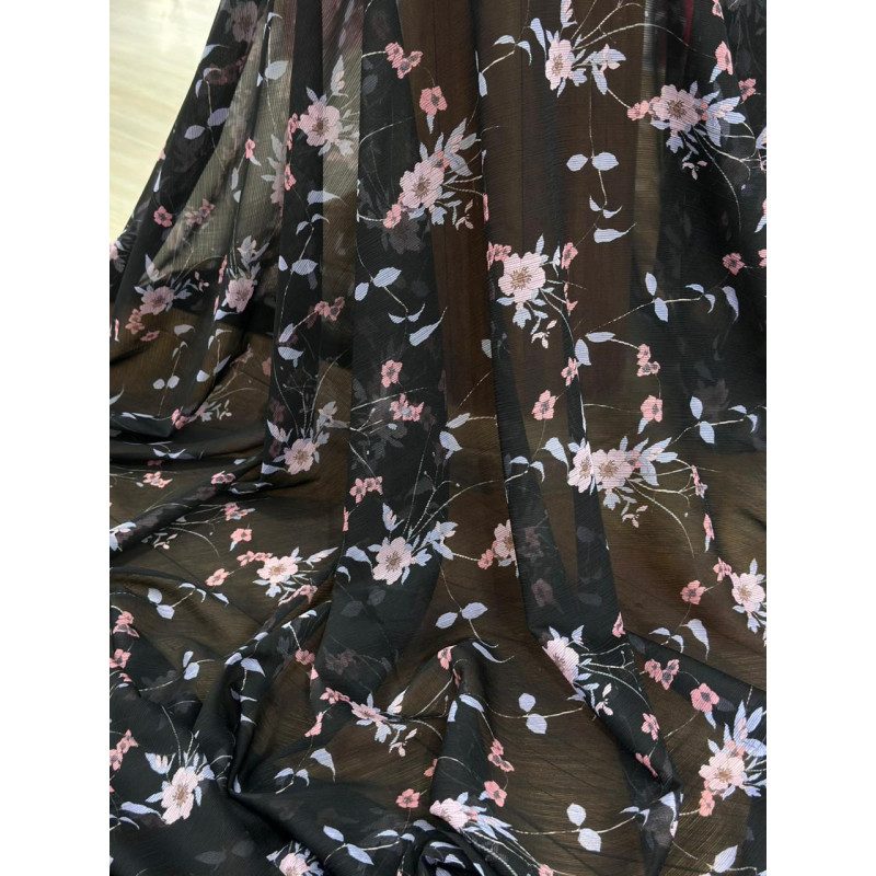 Chiffon Italiano Floral Fundo Preto