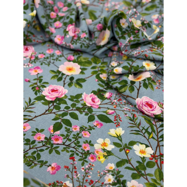 Linho Misto Azul c/ Rosas  