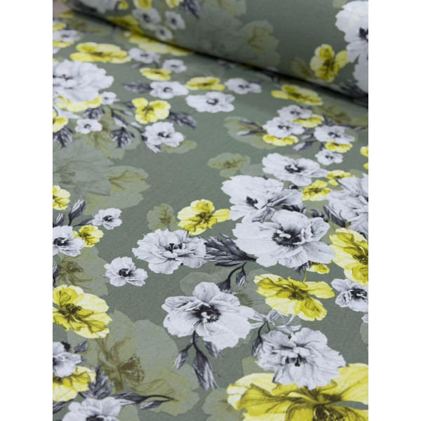 Linho Misto Verde Rosas Amarelas 