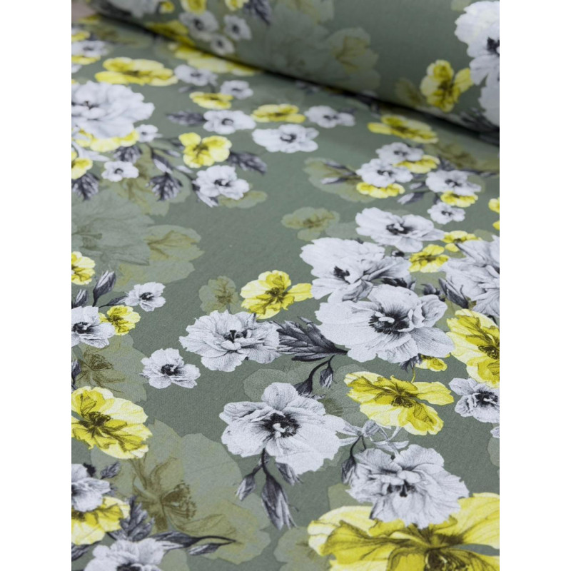 Linho Misto Verde Rosas Amarelas Linho Misto Verde Rosas Amarelas