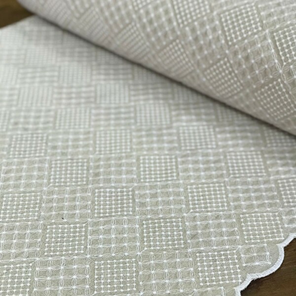 Linho Misto Natural Cru Bordado Branco Barrado Duplo