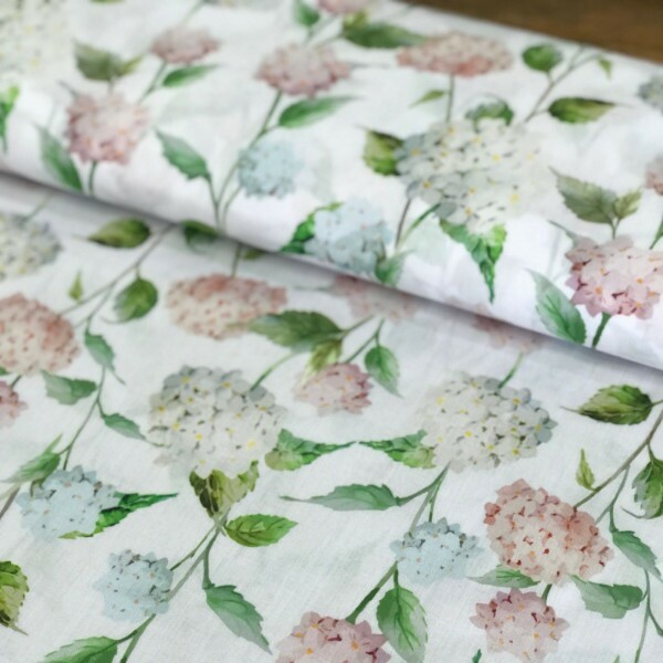 Tricoline Estampada Branca Hortências Rosa e Verde