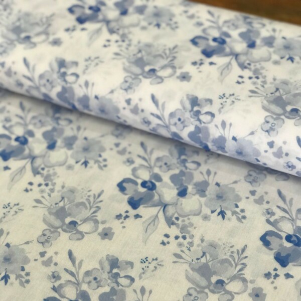 Tricoline Estampada Branca Liberty Azul Claro