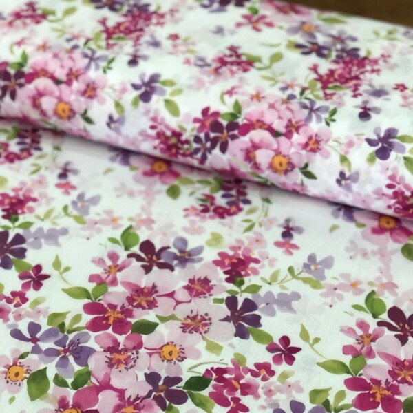 Tricoline Estampada Branca Liberty Pink e Roxa