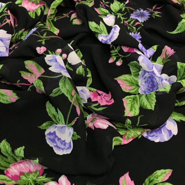 Crepe GGT Preto Floral Rosa e Azul