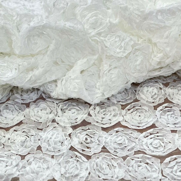 Tulle de Malha Floral 3D Branco Maior  