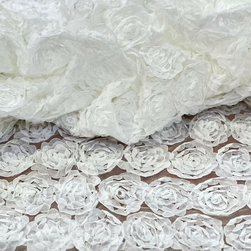 Tulle de Malha Floral 3D Branco Maior  