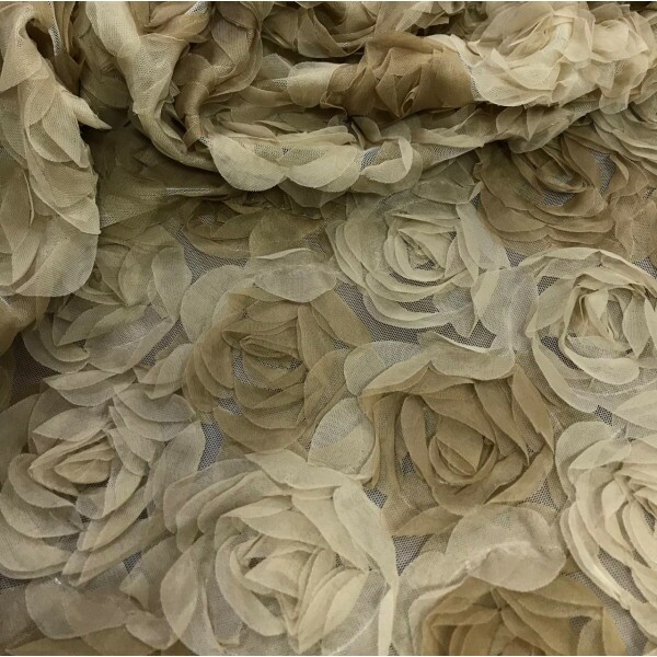 Tulle de Malha Floral 3D Bege e Natural