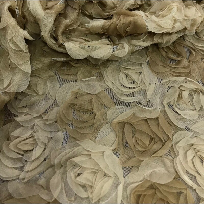 Tulle de Malha Floral 3D Bege e Natural