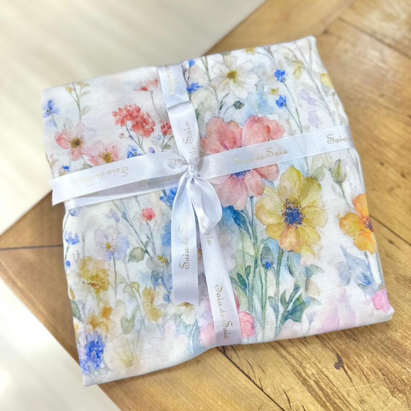 Kit Linho Misto Floral com Barrado Fundo Branco Kit Linho Misto Floral com Barrado Fundo Branco