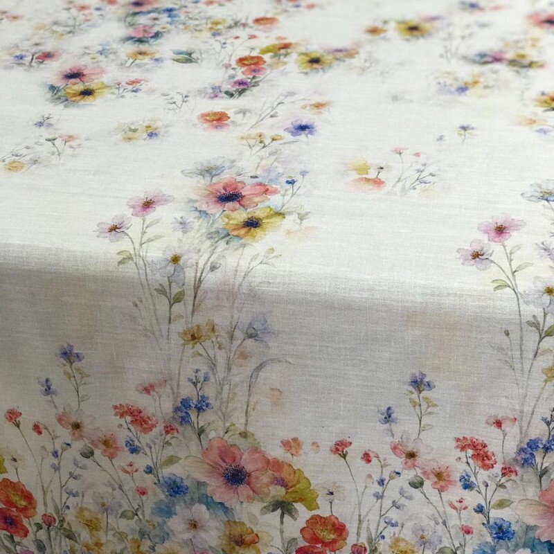 Linho Misto Floral com Barrado Fundo Branco Linho Misto Floral com Barrado Fundo Branco