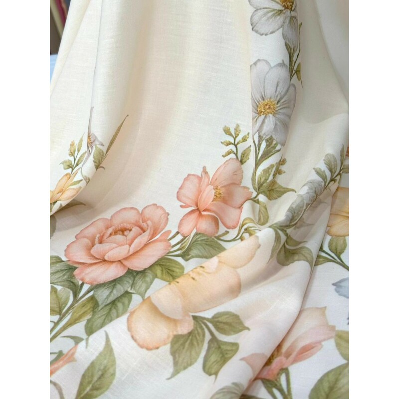 Linho Misto Barrado Floral Fundo Pêssego Linho Misto Barrado Floral Fundo Pêssego