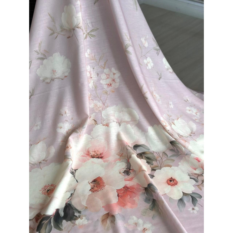 Linho Misto Barrado Floral Fundo Rosado