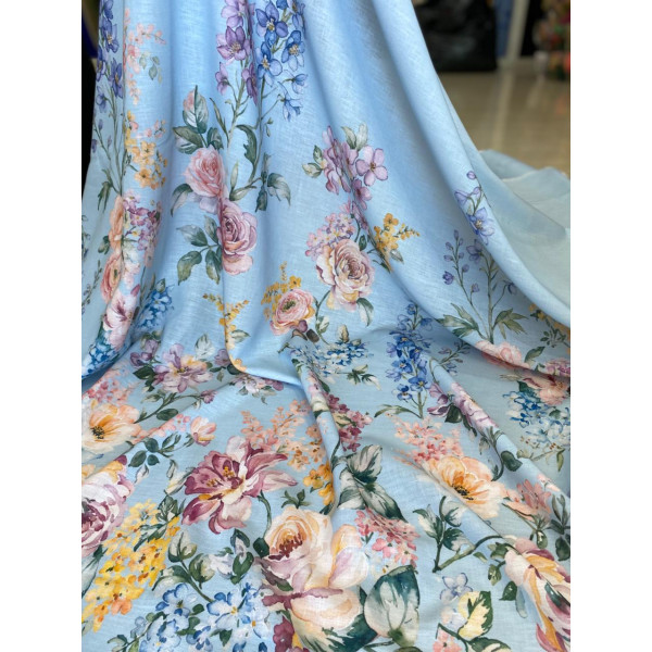 Linho Misto Azul Floral Barrado