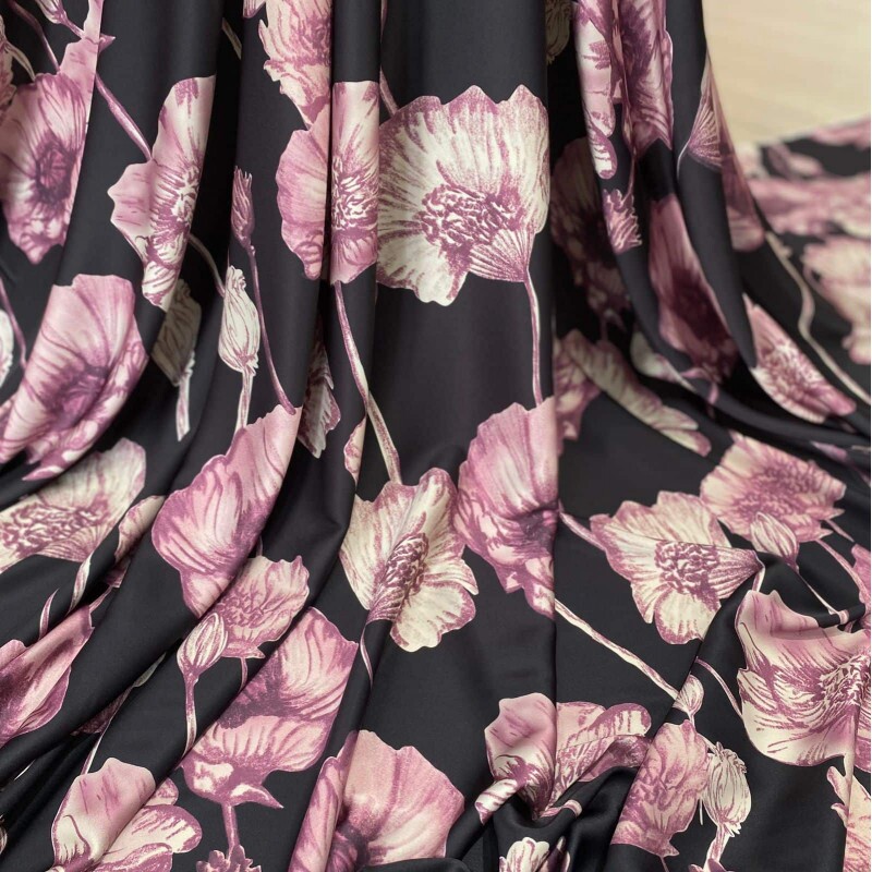 Cetim Gloss Preto Floral 