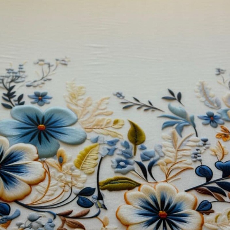 Viscoseda Bege Barrado Floral Azul