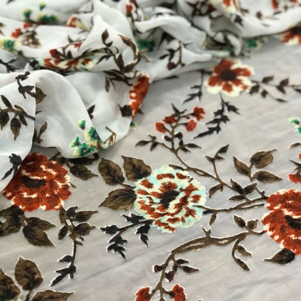 Musseline Toque de Seda Off White Devorê Floral