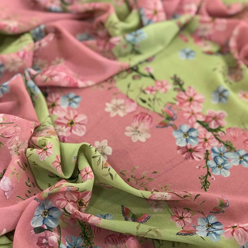Crepe GGT Estampado Rosa e Verde Floral